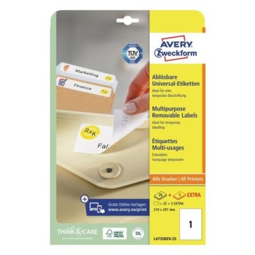 Etykiety usuwalne A4 AVERY [25+5] 210/297 białe