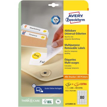 Etykiety usuwalne A4 AVERY [25+5] 35,6/16,9 białe