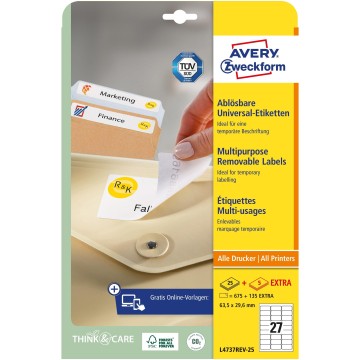 Etykiety usuwalne A4 AVERY [25+5] 63,5/29,6 białe